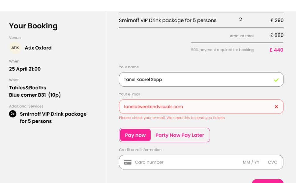Online Event Booking Payment Page – Party No Pay Later option